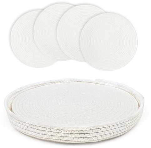 fanquare Tovagliette Rotonde Intrecciate Set di 4 Tovagliette in Corda di Cotone con Supporto 33cm Tovagliette da Tavola Bianche Resistenti al Calore per Tavolo Rotondo Cucina Sala da Pranzo