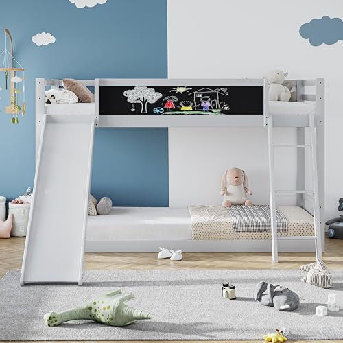 KecDuey Litera de 90 x 200 cm, cama infantil con escaleras y toboganes, cama con valla, somier, cama con tabla para niños, madera maciza respetuosa con el medio ambiente, color blanco