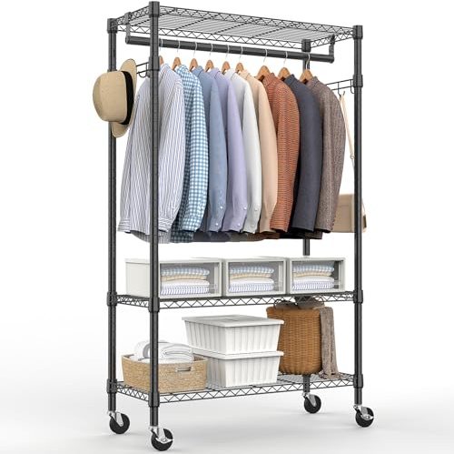 M MZG Robuster rollbarer Kleiderständer, Verstellbarer Drahtregal, Kleiderständer mit 3 Ebenen,mit Rollen Schwarz 40 x 75 x 189,3 cm