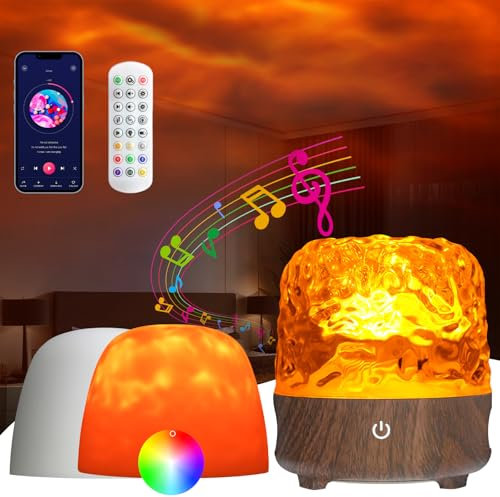 Ocean Wave Projektor mit Bluetooth Lautsprecher, 16 Farben LED Luxocean Wasserwellen Lampe, Rotierende Dynamische Wellen Deckenprojektion Stimmungslicht, Kinder Halloween Deko (Holzmaserung Stil)