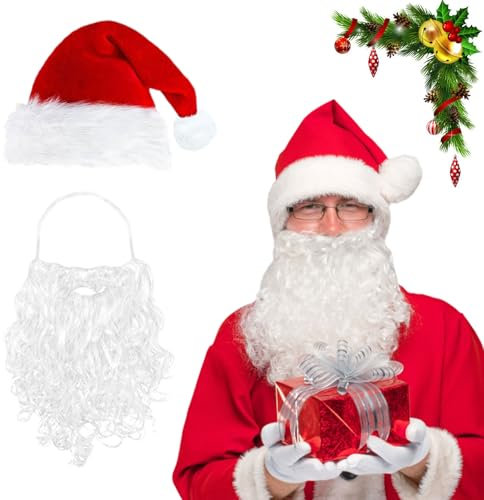 IHLOOTD Weihnachtsmann Bart und Mütze, Weihnachtsmütze für Erwachsene, Weihnachtsmann Kostüm Zubehör, Weihnachtsmann Nikolaus Mütze, Santa Claus Bart weiß (B)
