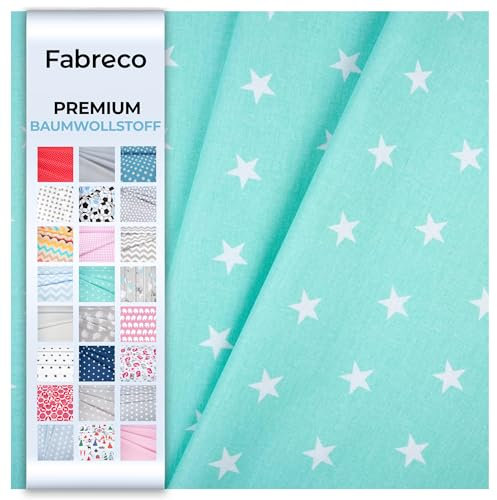 Fabreco - Baumwollstoff Meterware - 220g/lfm | Stoff Meterware mit Muster: Sterne mintgrün | Weich, langlebig & hautfreundlich