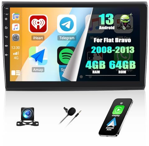 4G+64G 4 Nucleo Android 15 Autoradio per Fiat Bravo 2008-2013 con Wireless Carplay Android Auto, 9 Pollici Stereo Auto 2DIN con Schermo GPS WIFI EQ Bluetooth FM/RDS SWC Telecamera