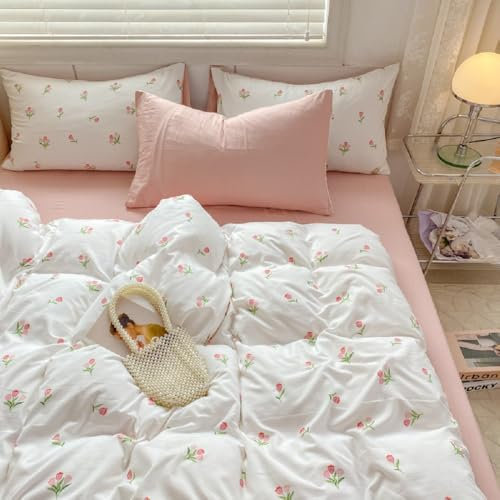 Lanqinglv Blumen Bettwäsche 135x200 4teilig Rosa Tulpen mit Weiß Bettwäsche aus Microfaser,ÖKO-TEX Bettwäsche Set - 2 Bettbezug mit Reißverschluss und 21 Kissenbezug 80x80 cm
