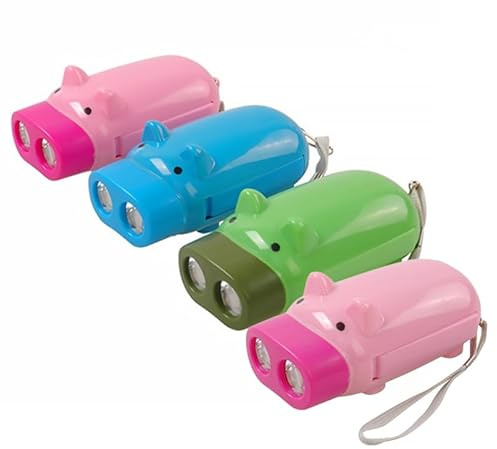 jojofuny 4 Stk. Handkurbel Taschenlampe für Kinder, LED Kurbeltaschenlampe im Schweine-Design, Batteriebetrieben durch Solar, Tragbare Notfalllampe für Camping, Nachtwandern & Stromausfall