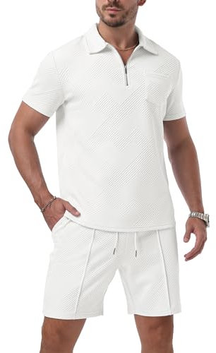 QIXING Herren Trainingsanzug 2 Teiler Herren Sommer Shorts und Tshirt Set mit Half-Zip Polo Hemd Set Kurzarm Zweiteiler Herren Sommer Kurz(Weiß, M)