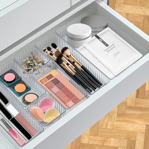 YEXEXINM 10 PCS Clear Drawer Organizers Bins, 4-Size Stackable Makeup Drawer Organizer Trays,Drawer Storage Containers,Desk Drawer Organizer Trays,Drawer Dividers for Kitchen,Bathroom,Makeup,Office