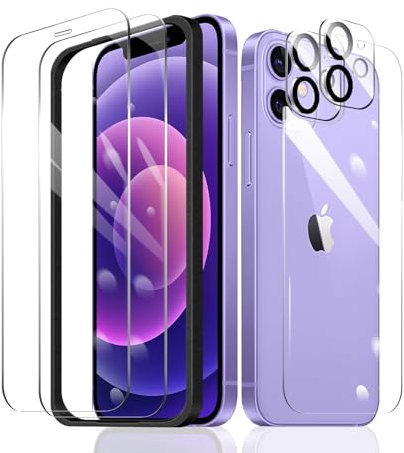 2×Screen Protector for iPhone 12 + 2×Camera Lens Protector + 1×Back Tempered Glass Film + 1×Installation Frame, 9H Hardness Case Friendly HD Clear Scratchproof Impact Protection