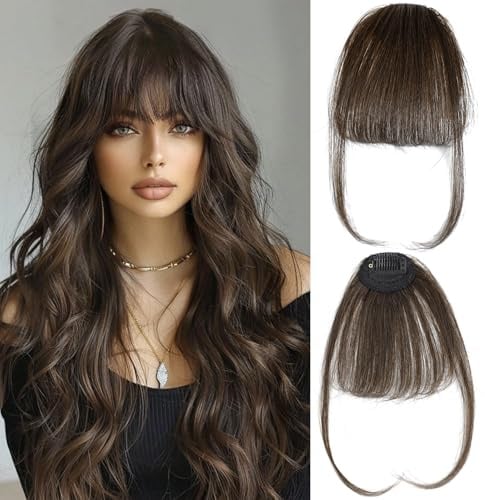 Pony Haarteil Echthaar 100% mit Clip - One Piece geschwungener Pony mit Schläfenhaar für Damen, täglicher Gebrauch, Dunkelbraun