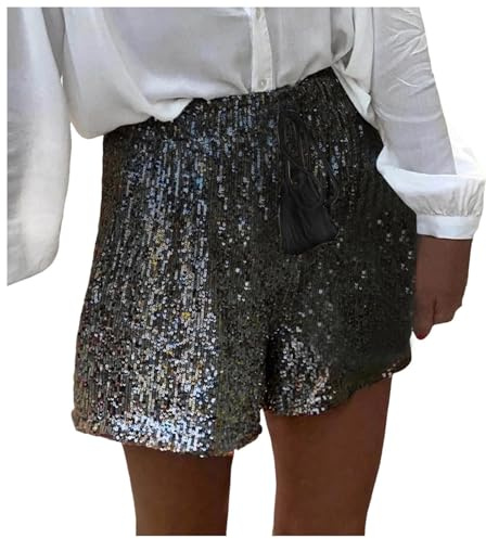 Generisch Reithose Damen Pailletten Shorts Damen Glitzer Kurz Hose Hohe Taille Kordelzug Glitzerkleid Metallic Hotpants Pailletten Festivals Outfits Glänzend Kurz Hose Sexy Hotpants