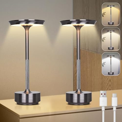 Tischlampe Kabellose LED, 3 Farbtemperaturen Stufenlos Dimmbare Akku Tischleuchte, Touch Lampe mit USB-C, Dunkelgrau Stylische Tischlampe Akku für Innen & Außenbereich, Metall Tischleuchte 2er-Set
