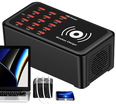 Multiport USB Charging Station – 15-Port Smart Charger Hub, 100W Supply | Wireless Dock for Phone, Laptop, Tablet, Earbuds, Home Office Desk, Compact Device Organizer, Portable Tech Accessory