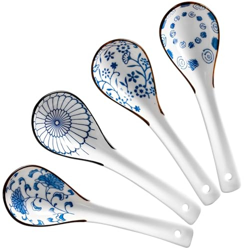 Packool 4 PCS Japanese Ceramic Soup Spoons, 15.5 x 4.5 cm (6.1 x 1.8 in) Blue & White Ramen Spoon Set, Assorted Floral Patterned Ladle Spoons for Asian Noodle Soup