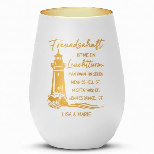 Love Faith personalisiertes Windlicht - Freundschaft - weiß/Gold | Mattiertes Teelichtglas mit Namensgravur - Stimmungsvolles Geschenk für deine Freunde zum Geburtstag oder Weihnachten