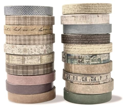 Generisch Washi Tape Set Vintage, 20 Rollen Dekoratives Masking Tape, 7mm x 30cm, Scrapbooking Klebeband mit Vintage-Designs, Plaid, Schrift und Retro-Muster