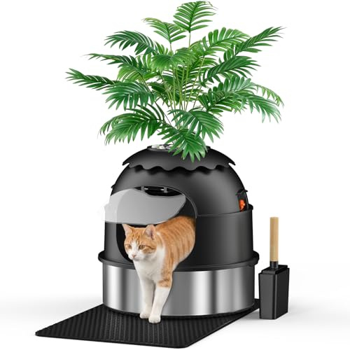 Cat Litter Box, Hidden Stainless Steel Tray with Faux Plant, Black | Odour-Free Carbon Filter, Removable Scoop & Pad, Space-Saving Corner Design, Hidden Tray for Clean Look, Easy-Clean