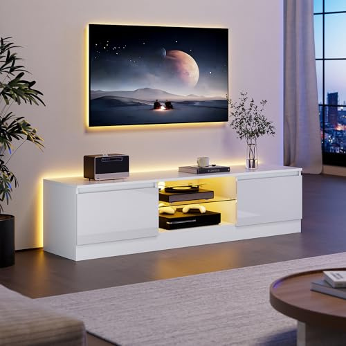 AUREUM OPAL 160 cm TV Schrank für Fernseher bis zu 70 Zoll, TV Board mit 16 Farben LED Beleuchtung und 2 Türen, Lowboard Stehend, Fernsehtisch für Schlafzimmer, Wohnzimmer, Esszimmer (Weiß)
