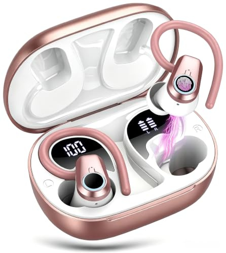 Bluetooth Kopfhörer Sport, 2026 Kopfhörer Kabellos Bluetooth 5.3 In Ear mit 6 ENC Noise Cancelling Mics, 50Std HiFi Stereo Ohrhörer mit LED Anzeige USB-C, IP7 Wasserdicht Earbuds für Android iOS, Rosé
