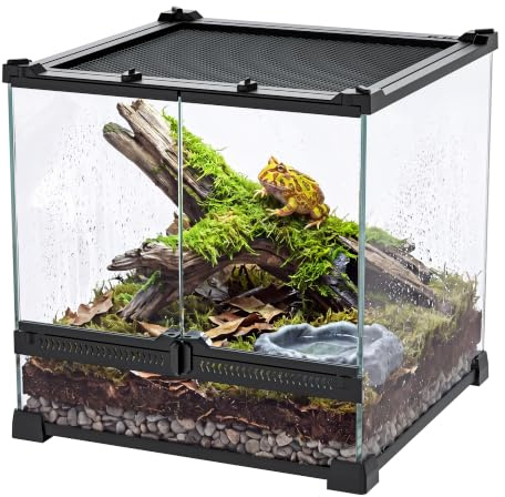 FixHaven 7 Gallon Fully Assembled Glass Reptile Enclosure,12x 12 x 12 | Escape-Proof & Front Opening Reptile Terrarium Tank for Frog,Geckos,Tarantulas and Other Reptiles and Amphibians