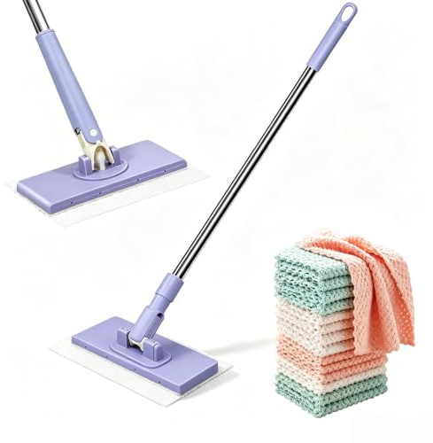 Purple Lazy Mop Clip On with 20 Random Color Cleaning Cloths, 360° Rotatable Flat Mop Head for Wet Dry Floor Cleaning