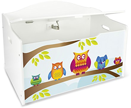 Leomark Kinderbank Hölzerne - Eulen XL - Kindertruhenbank, Behälter für Spielzeug, Truhe für Kinderzimmer, Kindermöbel, Sitzbank Höhe: 46 cm