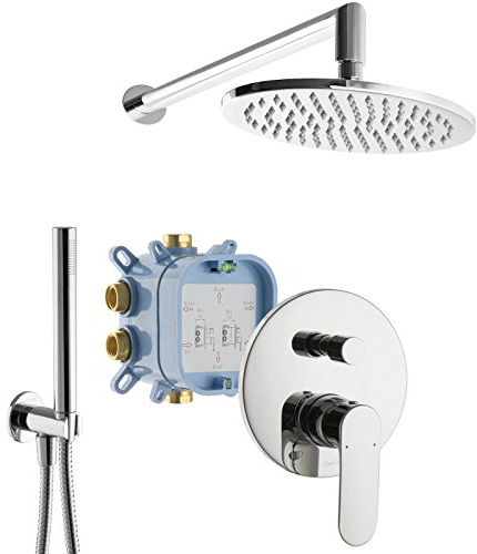 PaulGurkes UP-Dusche Set Fertigdusche Komplett Regendusche mit Armatur Wandmontage Wandarm massiv Messing oval rund Komplettduschsystem Unterputzmontage mit Einbaubox rainshower