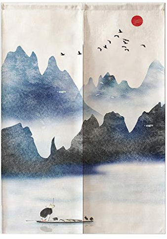 Fenteer Rideau Noren Japonais, Rideau de Porte, Tapisserie de Rideau Japonaise Style - Montagnes et oiseaux-85x150cm