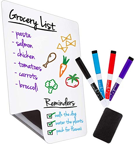 12x8 Magnetic Whiteboard for Fridge - Versatile Whiteboard Sheet with Magnetic Back for Walls or Fridges, Ideal for Notes, Reminders and Planning - Includes 4 Markers and Big Eraser with Magnets