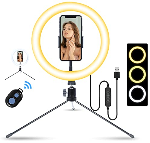 AGM 10 LED Selfie Ringlicht mit Mini-Tischstativ, Telefonhalter | Bluetooth-Fernbedienung für Live-Streaming-Fotografie Videografie…