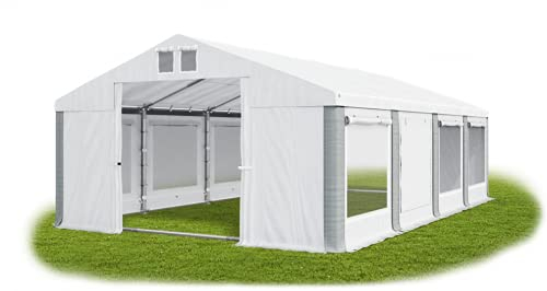 Das Company Partyzelt 6x8m Lagerzelt Universalzelt Pavillon mit Moskitonetz weiß-grau mit Bodenrahmen 560g/m² PVC Plane wasserdicht Solide Festzelt Gartenzelt Summer Floor ISDM