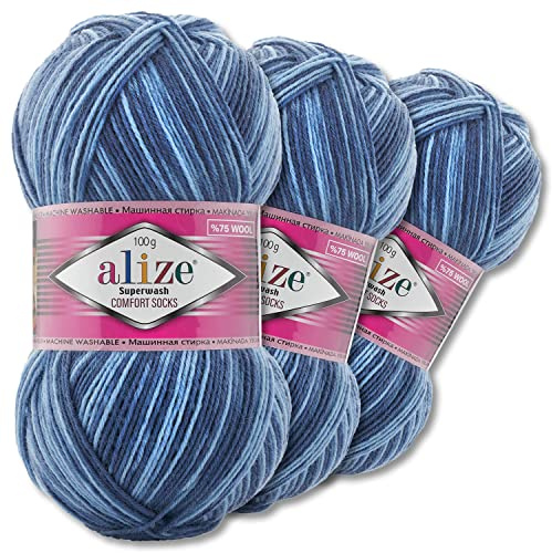 Wohnkult Alize 3x100g Superwash Comfort Sockenwolle 33 Farben zur Auswahl EIN-/Mehrfarbig Pullover Kleidung Wolle (7677)