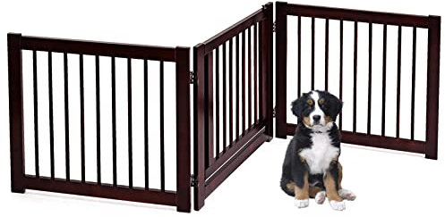 COSTWAY Wooden Dog Gate, Freestanding Foldable Pet Gates with Lockable Door, 360° Flexible Hinges, 3/4 Panel Safety Barrier for Doorway Stairs (207 x 2 x 61cm)