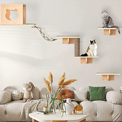 Katzen-Wandregale, Regale und Sitzstangen für Wand, Möbel-Set, 7-teilig, montiert mit 1 Wohnheim, 4 Sisal-Kratzstämmen, Leiter