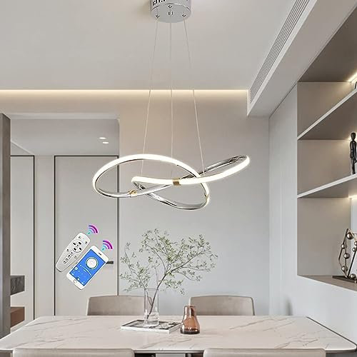 LED Pendelleuchte Esszimmer Hängelampe Modern Dimmbar 24W Esszimmerlampe mit Fernbedienung Kronleuchter Höhenverstellbar Hängeleuchte für Schlafzimmer Küchen Wohnzimmer Deckenlampe Chrom, L54cm