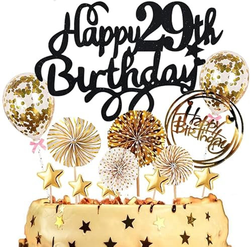Dalettu Tortendeko 29. Geburtstag Mann Frauen, Kuchen Topper Happy 29th Birthday Schwarz, Kuchen Dekoration mit Luftballons Konfetti und Papierfächer für 29. Geburtstag Männer Party Dekoration