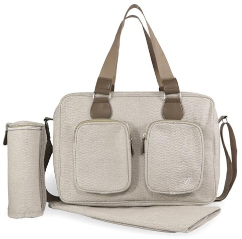 My Babiie Changing Bag Tote - With Insulated Bottle Holder, Portable Changing Mat, Baby Travel Bag, Nappy Messenger Bag, 2 Front Pockets - Oatmeal Herringbone