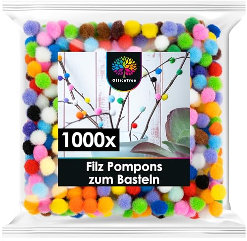 OfficeTree 1000 Bunte Pompons zum Basteln 10mm - Filzkugeln Bunt Klein - Mini Pompons Bunt - Pompoms zum Basteln für Kinder und Erwachsene - Dekorieren Verzieren Nähen DIY