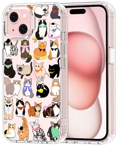 MOSNOVO Case for iPhone 15, [Buffertech 6.6ft Military-Grade Drop Protection] [Anti Peel Off Tech] Clear TPU Bumper Phone Case Cover Design - Cute Cats