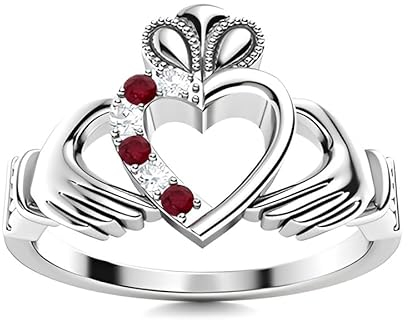 Ruby Round 2.00mm Claddagh Ring | Sterling Silver 925 With Rhodium Plated | Beautiful Design Claddagh Promise Ring (White, 52)