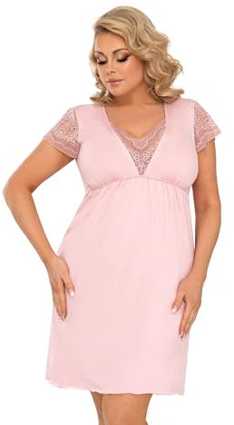 Selente Sweet Dreams Chemise de Nuit/Nuisette Grande Taille pour Femmes avec élégante Dentelle, Rose à Manches Courtes, Taille 46