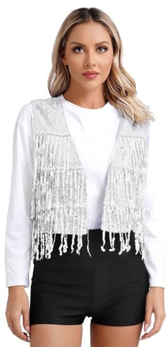 Agoky Damen Fransenweste Glänzend Pailletten Weste Open Front Gilet Modern Tanz Waistcoat Ärmellos Jacke Mantel Blazer Outerwear Silber XL