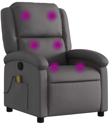 vidaXL Massagesessel, Sessel Verstellbare Rückenlehne Fußteil, Fernsehsessel Relaxsessel mit Liegefunktion, Liegesessel Polstersessel Ruhesessel, Grau Echtleder
