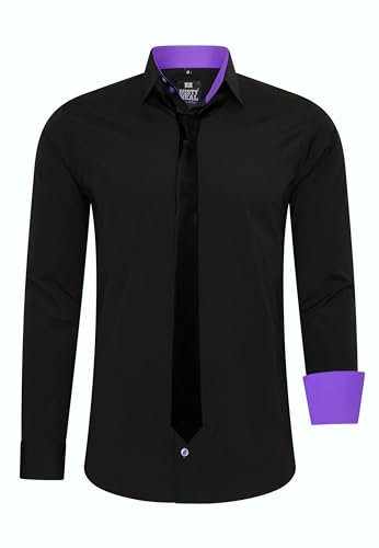 Rusty Neal Camisa de hombre Premium Slim Fit Manga Larga Elástica Contraste Camisa con Corbata Camisas Negocios Traje Camisa Casual Conjunto 44_99, negro y lila, XXXXL