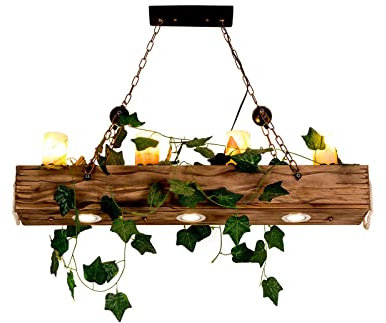 Sengfwin E27 Sospensione in Legno Antico Vintage Illuminazione Piante Verdi Decorative Lampadario Sala da Pranzo in Ferro Industriale Stile Rustico Retro 4 Luci Bar