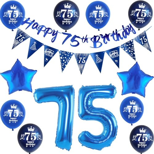 Blau Girlande 75 geburtstag Banner + Dreiecksflaggen + Luftballons Zahl 75 +8 pcs 75 Geburtstag ballons 75 Geburtstag deko für mann,deko 75. mann geburtstagsdeko 75 jahre männer