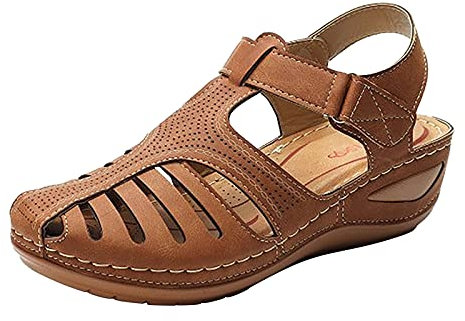 Lazzboy Sandalen Damen Knöchelsohle Hohl Weiche Schuhe Zehenrunde Trekkingsandalen Wanderschuhe Atmungsaktive Closed Toe Outdoor Sommer Strand Wasser Fischer Wandersandale (Braun,38)