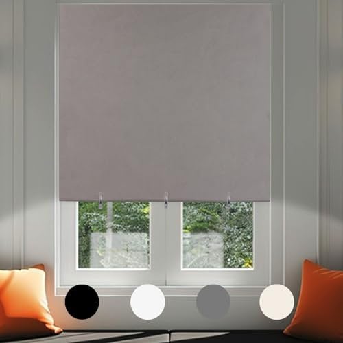 No Drill Blackout Blind Stick on Curtains Thermal Insulated, Adjustable Clips Self Adhesive Cut to Size Easy Fit Temporary Blackout Window Blinds for Bedroom, Nursery (1, Grey, 66W x 180H cm)