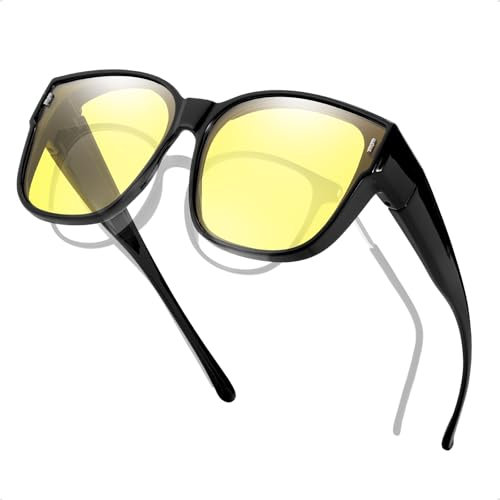 Myiaur Night Driving Fit Over Glasses for Women Polarised Yellow Lens for Safety Night Vision Anti Glare Headlight Glasses for Lightweight Frame