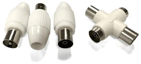 Conector de antena de TV, 1 clavija hembra y 2 clavijas macho, color blanco, ideal para mejorar señal y conexión de equipos de televisión.