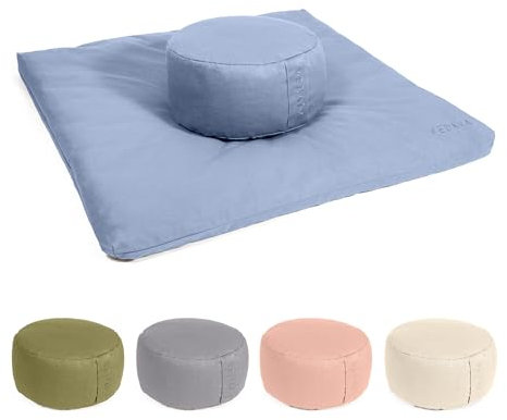 Vedara® Meditationsset Yogakissen Meditationsmatte Zabuton Kissen Rund – Waschbarer Bezug aus 100% robuster Baumwolle – Yoga Sitzkissen mit Bio-Dinkelspelzfüllung – Sitzhöhe 15cm (Himmelblau)
